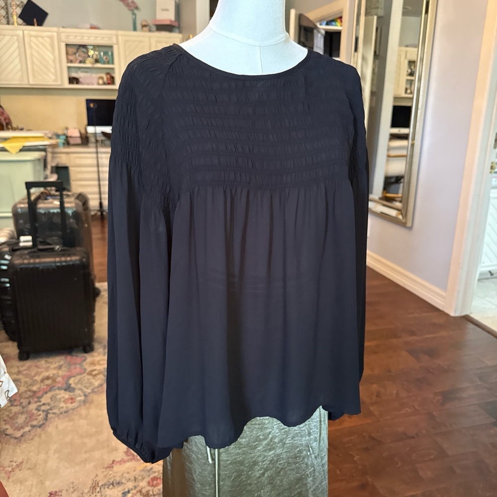 H&M Black Long-Sleeve Smocked Yoke Blouse